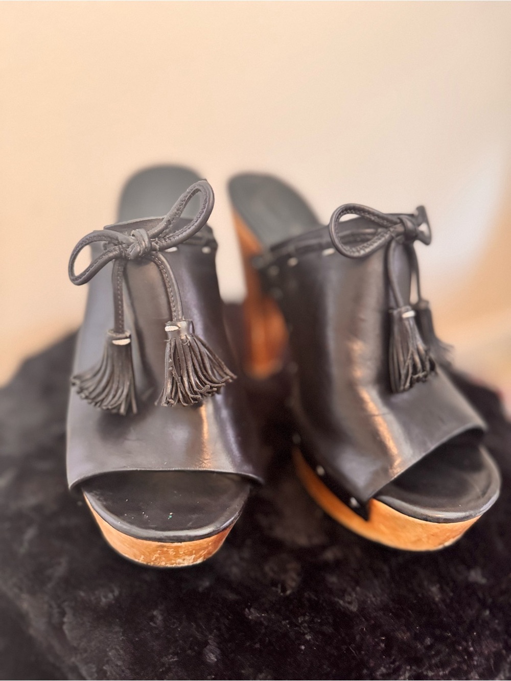 Black Leather Tassel Clog Platform Sandals